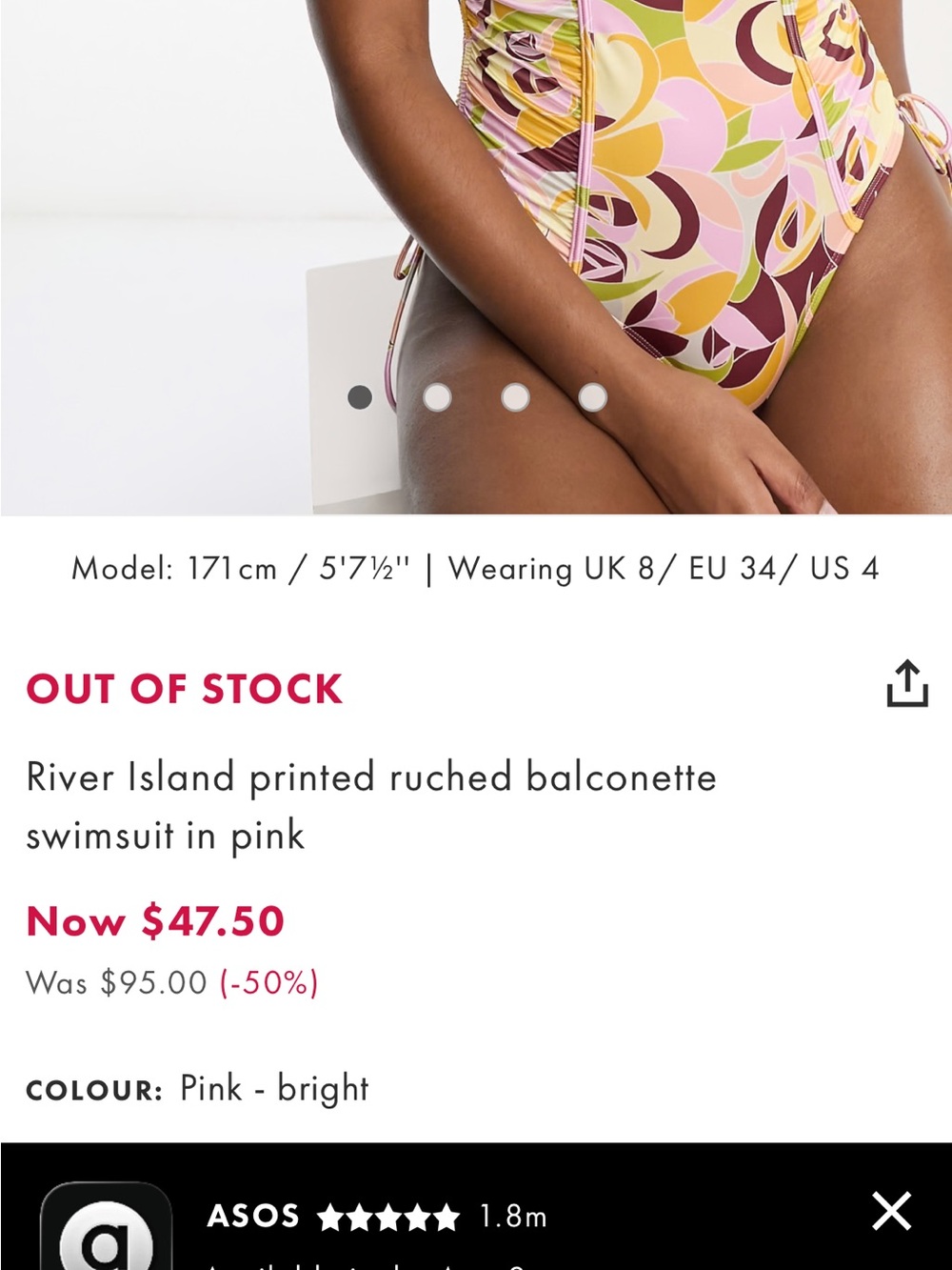 River Island Retro Floral One-Piece Swimsuit in Pink, Yellow and Green - Picture 7 of 7